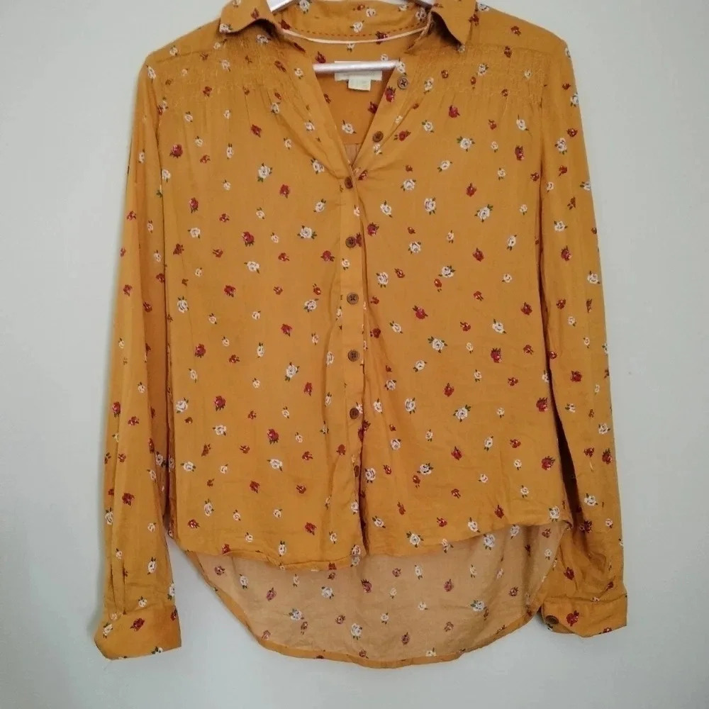 Maeve by Anthropologie Women's Yellow Floral Button Down Long Sleeve Blouse
